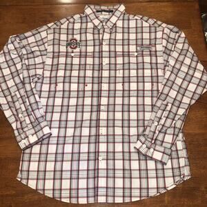Ohio State Shirt Mens Medium Red Plaid Button Down Collar Super Tamiami Columbia